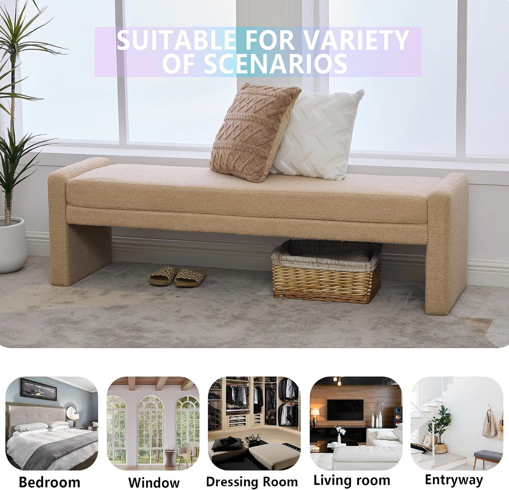 Teddy Bedside Bench for Bedroom King Size,66.9" Minimalist Long Ottoman Benches for Bedroom,Living Room,Entryway,Window,Modern Fuzzy Bed End Bench with Seating for Foot of Bed