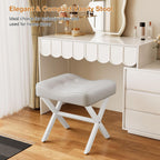 Memobarco 18-Inch Large Leather Vanity Stool, Vanity Chair with Metal X-Leg, Ottoman Accent Stool with Thick Padded Saddle Seat, White