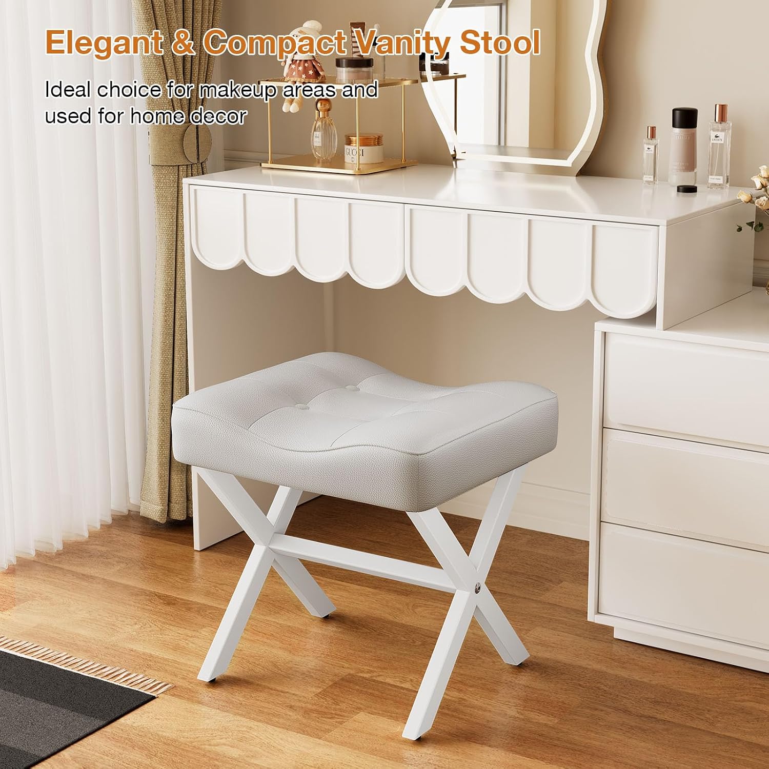 Memobarco 18-Inch Large Leather Vanity Stool, Vanity Chair with Metal X-Leg, Ottoman Accent Stool with Thick Padded Saddle Seat, White