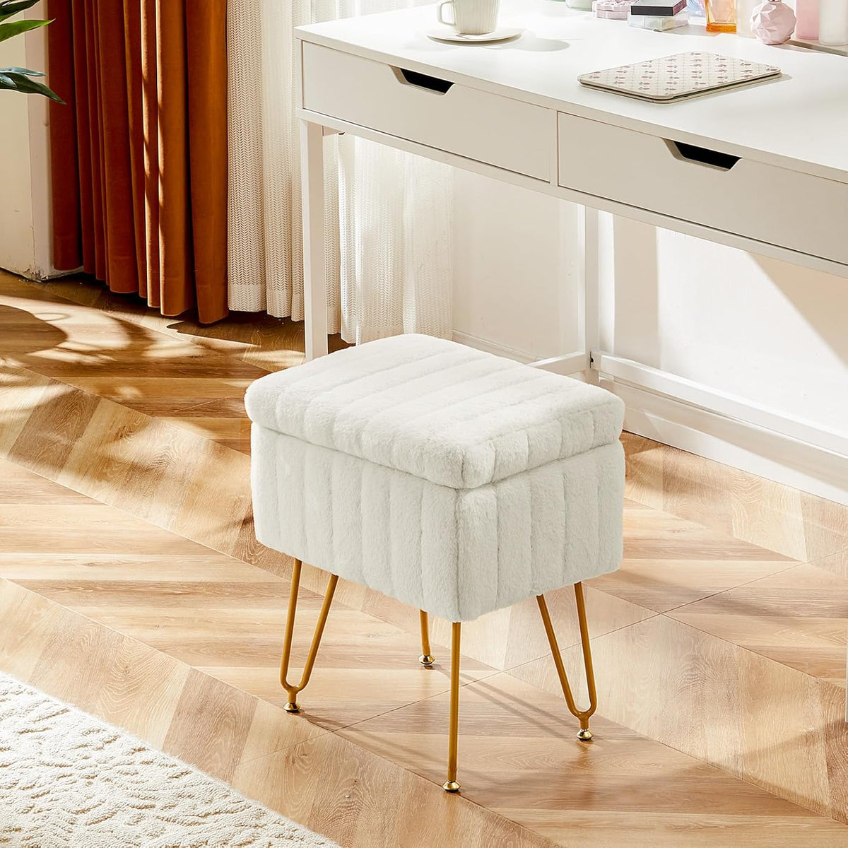DUMOS Vanity Stool Chair Ottoman with Storage, Makeup Cute Soft Small Footstool Modern Style Faux Fur Seat with 4 Metal Legs & Adjustable Feet for Dressing Living Room Bedroom Dorm