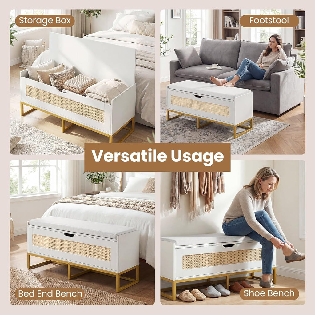 Giantex Rattan Shoe Bench, Flip-Top Entryway Bench with Removable Padded Seat & Hidden Storage, Wooden Shoe Storage Chest with Metal Legs for Bedroom, Hallway, 440 lbs Max Load (White & Gold)