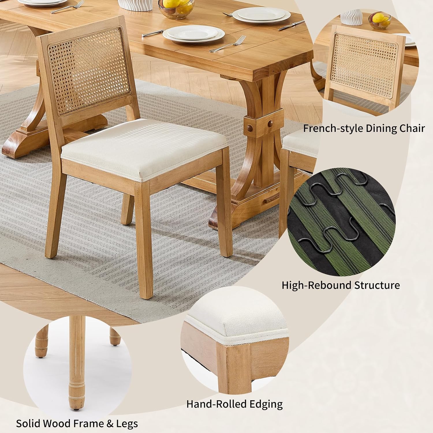 Vintage French Country Dining Chairs Set of 6, Rattan Dining Chairs with a Low Square Back, Beige Upholstered Dining Chair, Sillas para Comedor, Kitchen & Dining Room Chair (Beige, 6Pcs)