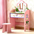 Kids Vanity Set with Mirror and Stool, Beauty Makeup Vanity Table with Large Drawer and Chair Set for Toddlers and Kids, Wooden Girls Makeup Dressing Table