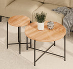 Coffee Table Set, End Table, MDF Living Room Tables with PVC Cover, Cylindrical Design, Black Metal Legs, Red Cedar-Brown, 2-Piece