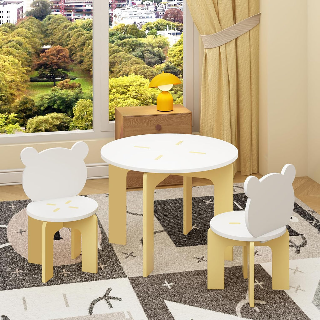 3-Piece Table & Chair Set, Cute Bear-Back Chairs | Ages 3-8 Boys & Girls | Solid Wood Legs | Safe Rounded Corners | Playroom,Daycare, Classroom,Home Activity