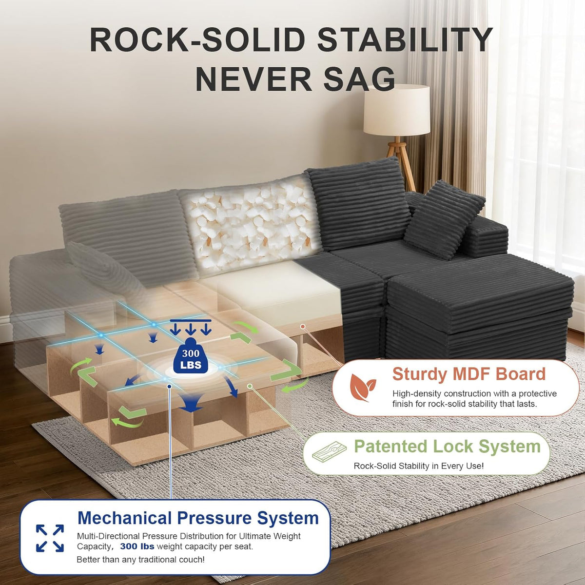 107'' Modular Sectional Sofa, Deep Seat Couch with Storage | Oversized High-Back for Living Room & RV | With Ottoman | High Density Foam & Corduroy | Tool-Free Assembly | Cozy Dark Gray
