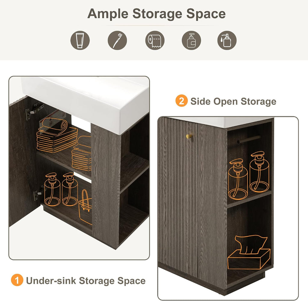 JIVOIT Bathroom Vanity with Ceramic Sink, 21.6" Bathroom Cabinet with Open and Closed Storage, a Tissue Holder, Side Storage, Modern Left Door Wood Grain Cabinet for Small Space