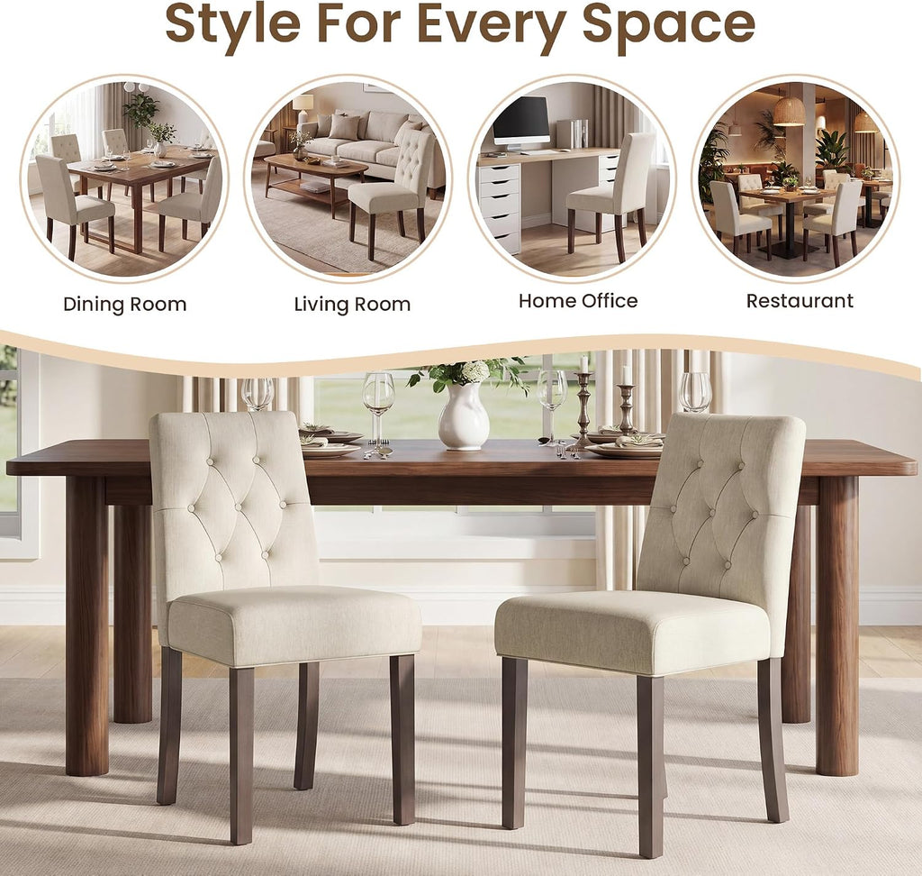 Dining Chairs Set of 2, Parsons Chairs for Small Spaces, Light Beige | Modern Dining Room Chairs with Solid Wooden Legs, Fabric Upholstered Kitchen Chairs for Restaurant & Cafe