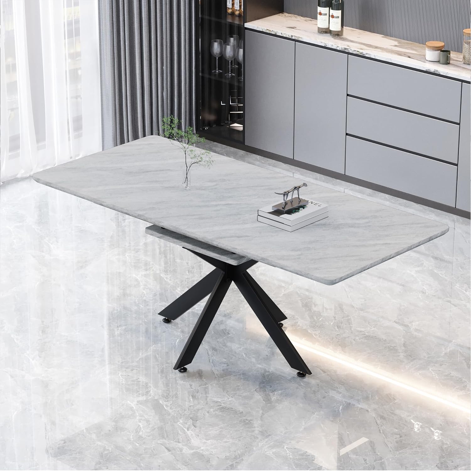 Extendable Dining Table, Modern Dining Table with Metal Leg, 62.4‘’-78.15‘’ Kitchen Table for 6-8 People, Space Saving Rectangular Kitchen Table for Office, Kitchen, Dining Room
