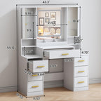 BORNOON Vanity Desk with Mirror and Lights, Makeup Vanity with 7 Drawers, 2 Glass Door Cabinets, Charging Station, Adjustable Shelves, RGB Lighting, Holder
