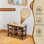 Bamboo Entryway Bench with Woven Rattan Seat, 2-Tier Shoe Storage Bench for Hallway & Entryway, 23.62 inches Walnut