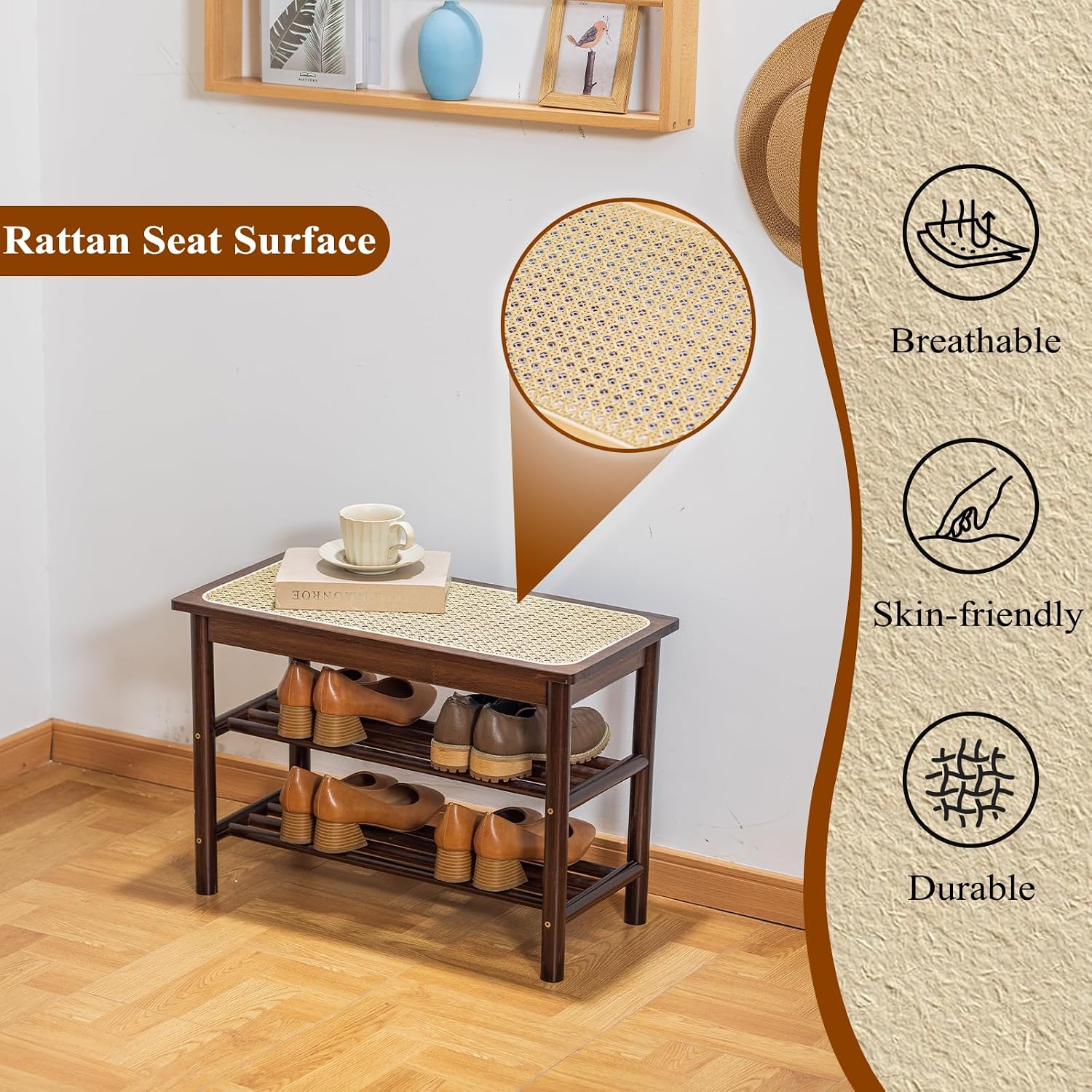 Bamboo Entryway Bench with Woven Rattan Seat, 2-Tier Shoe Storage Bench for Hallway & Entryway, 23.62 inches Walnut