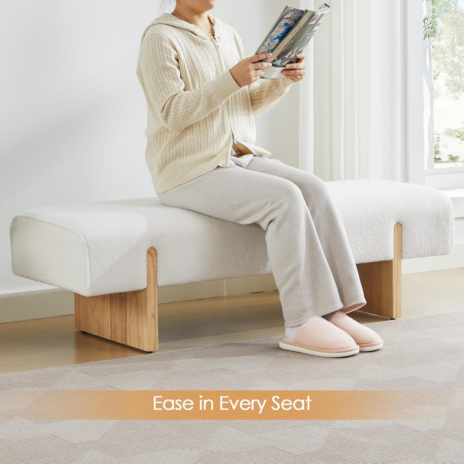 ONEVOG 55" End of Bed Bench with Upholstered Cushion & Natural Solid Wood Legs, Modern Long Ottoman Seat Foot Stool for Bedroom/Entryway/Living Room/Hallway, Support 450lbs, Boucle Fabric, White