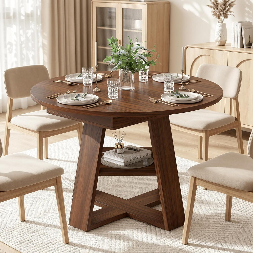 Miereirl 43.3‑59 in Round Extendable Dining Table for 4-6, Modern Oval Dining Table with Removable Leaf and Pedestal Base, Expandable Kitchen Table for Dining Room, Apartment