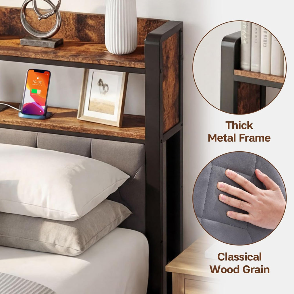 King Bed Frame with Charging Station & 2-Tier Storage Headboard, Grey