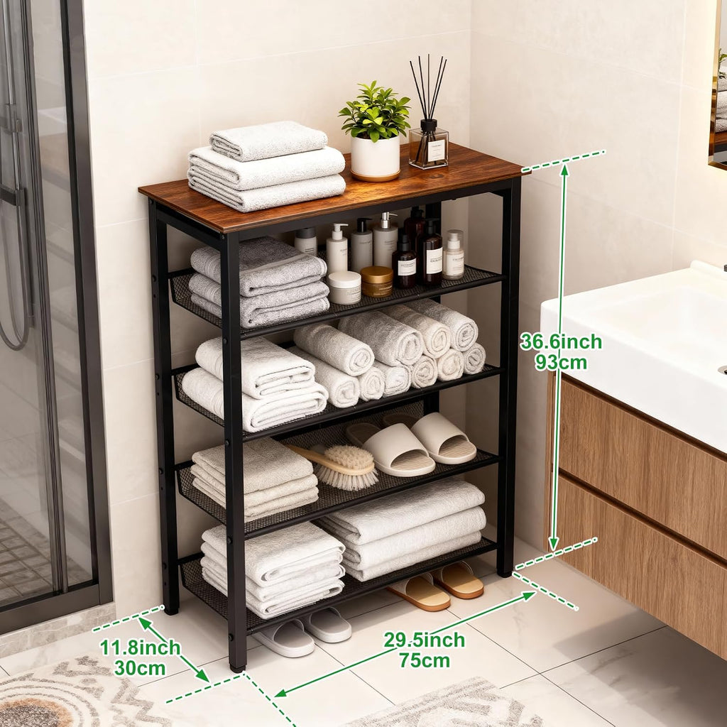 5-Tier Shoe Rack, Tall Industrial Shoe Organizer with Metal Mesh Shelves, Free-Standing Storage Rack for Entryway, Closet, or Bedroom, Rustic Brown and Black