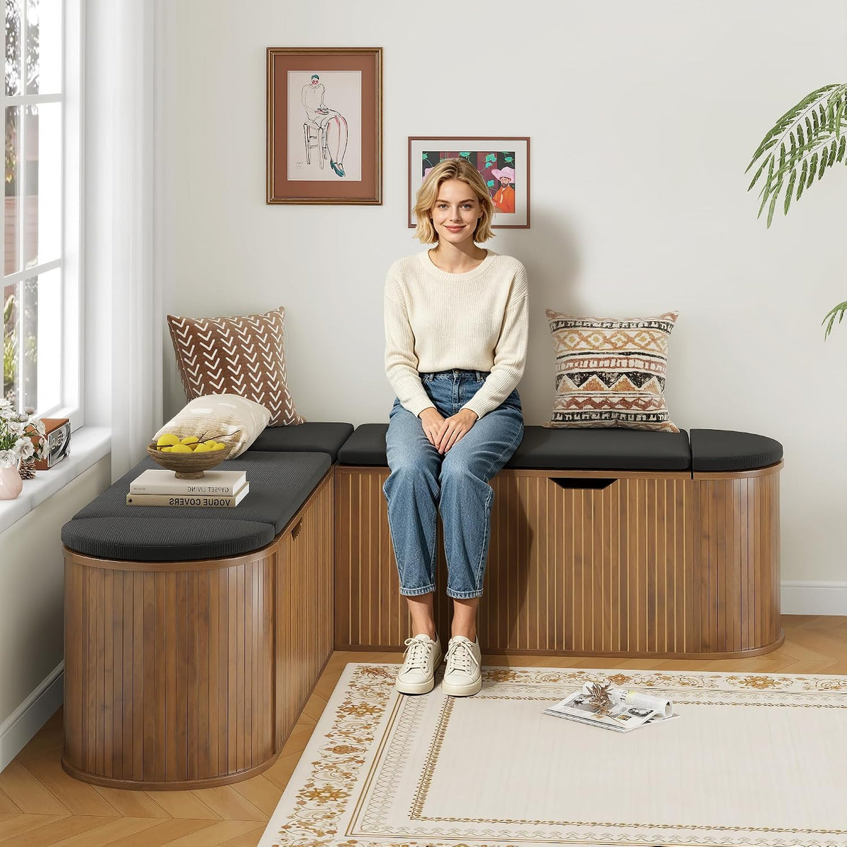 L Shaped Storage Bench with Cushion, Mid Century Modern Corner Dining Bench, Wood Window Breakfast Nook Bench for Dining Room, Entryway, Living Room, Cloakroom, Walnut