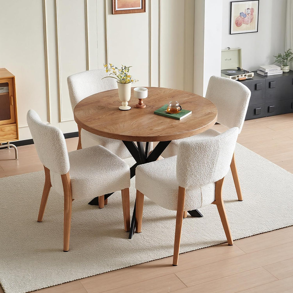 Howtek 5-Piece Kitchen Table Set, 37-Inch Faxu Wood Round Dining Table, White Upholstered Kitchen Side Chairs with Backrest & Metal Legs for Breakfast Nook, Dining Room, Office, Kitchen