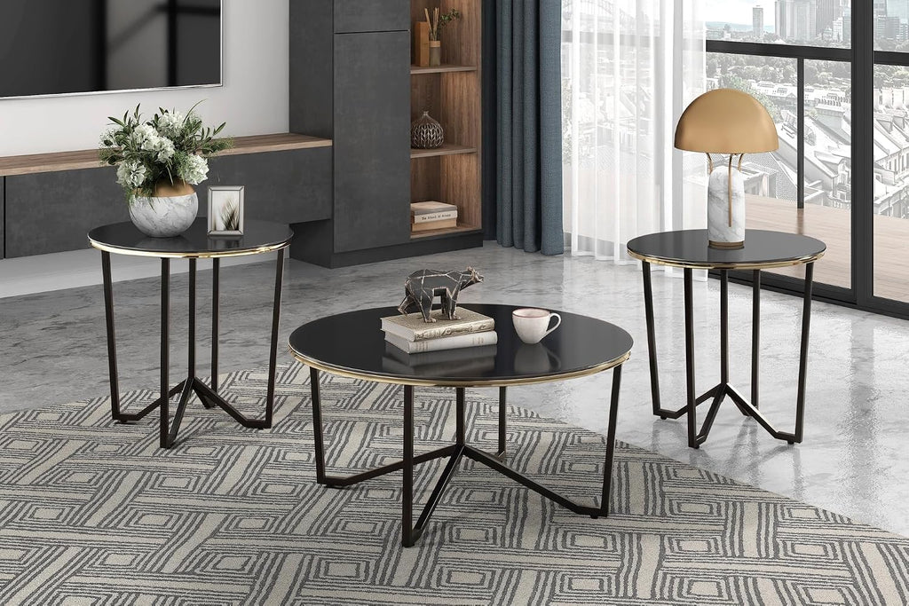 3pc Round Coffee and End Tables Set Black Tempered Glass Top Metal Frame | Includes 1 cocktail table and 2 end tables with black tempered glass tops