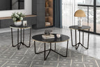 3pc Round Coffee and End Tables Set Black Tempered Glass Top Metal Frame | Includes 1 cocktail table and 2 end tables with black tempered glass tops