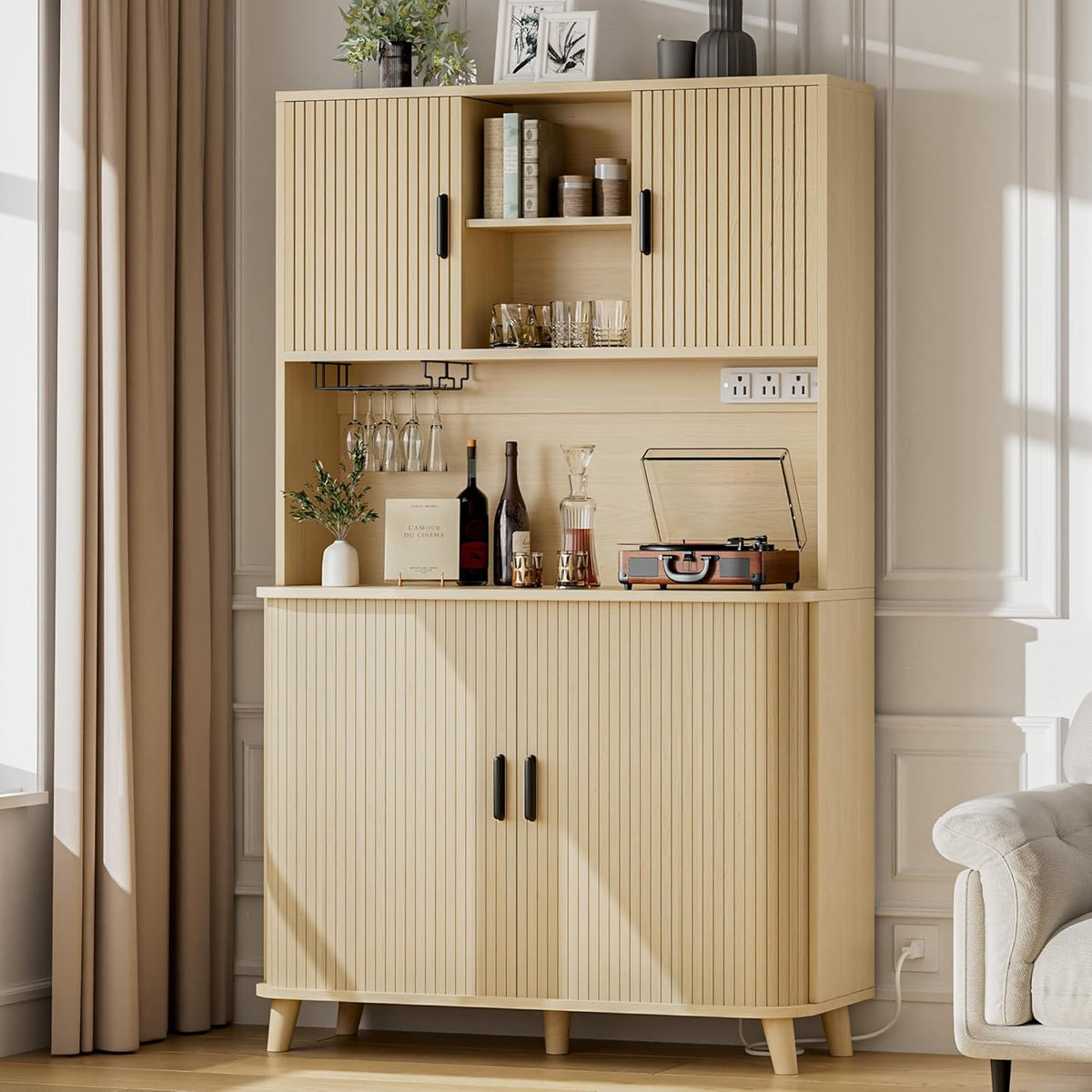 Lulive 71" Tall Pantry Cabinet with Rolling & Sliding Doors, 39" Wide Kitchen Storage Cabinet with Charging Station and Open Countertop, Modern Kitchen Pantry Cabinet for Dining Room, Natrual