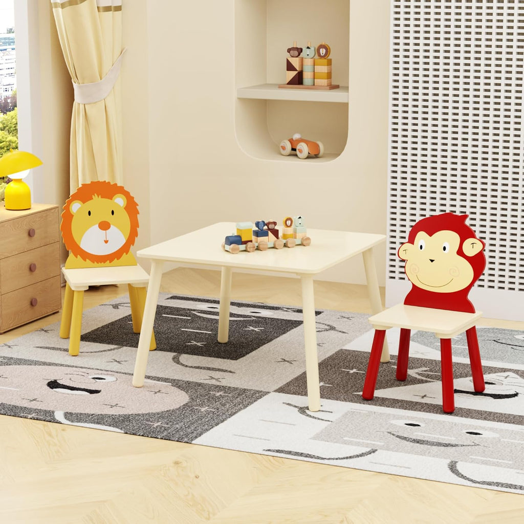 3 Pieces Toddler Table and Chair Set, Lion & Monkey Pattern Solid Wood Legs Heavy Duty Boys and Girls Activity Play Table and 2 Chairs Furniture for Playroom Daycare Kindergarten