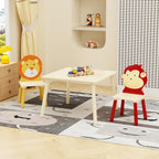 3 Pieces Toddler Table and Chair Set, Lion & Monkey Pattern Solid Wood Legs Heavy Duty Boys and Girls Activity Play Table and 2 Chairs Furniture for Playroom Daycare Kindergarten