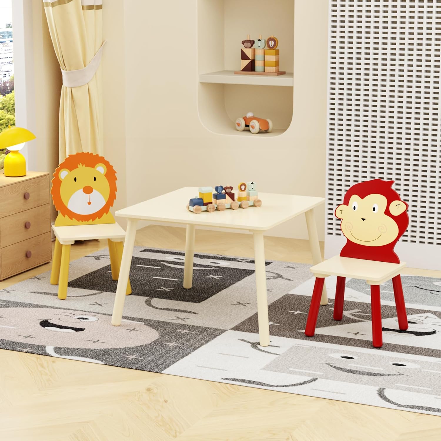 3 Pieces Toddler Table and Chair Set, Lion & Monkey Pattern Solid Wood Legs Heavy Duty Boys and Girls Activity Play Table and 2 Chairs Furniture for Playroom Daycare Kindergarten