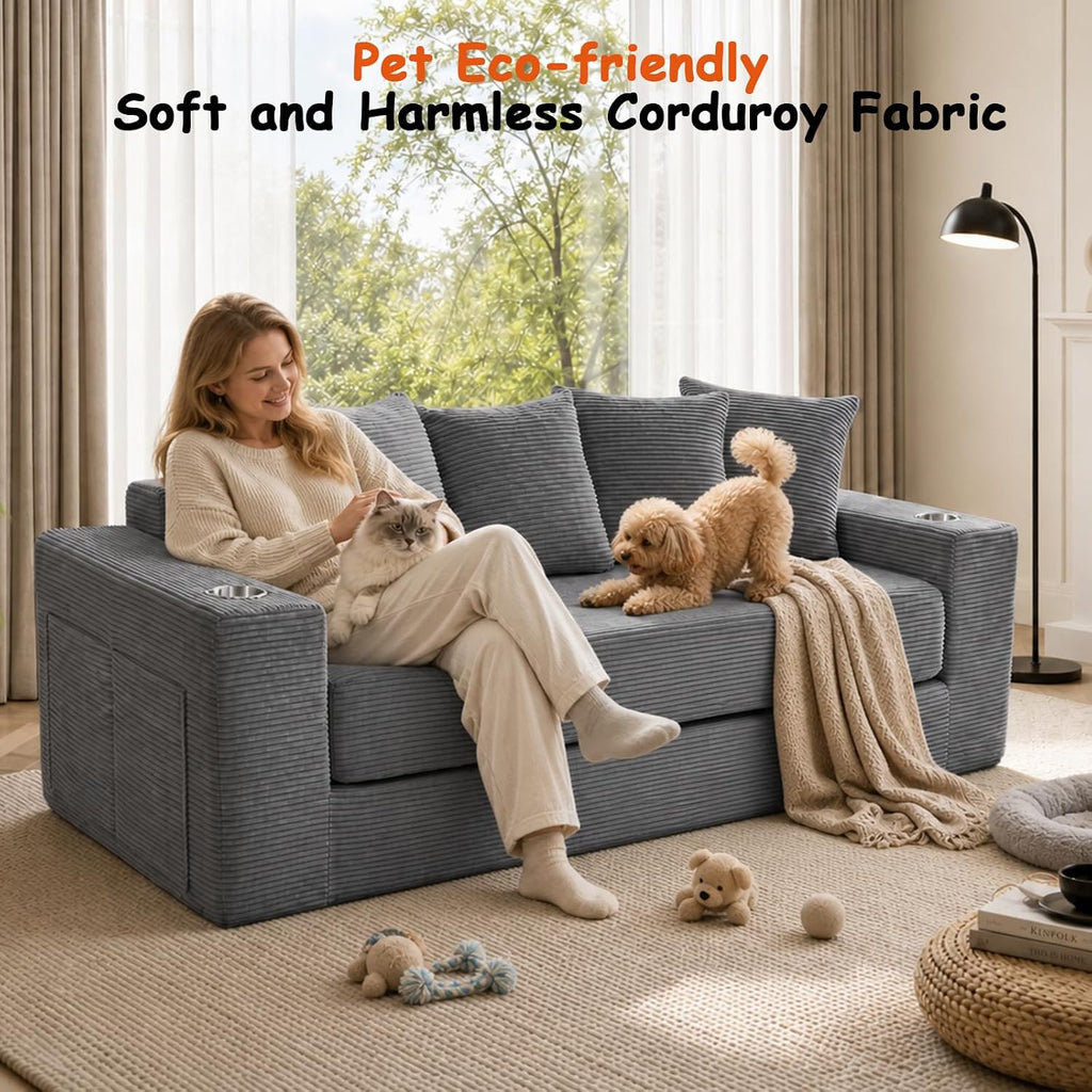 76" Convertible Sofa Bed, Corduroy Couch with Cup Holders & Pocket | 2-in-1 Sleeper Sofa, Pull-out Couch Bed with 5 Pillows, Living Room, Small Spaces, Bedroom, No Assembly