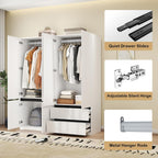 Wardrobe Closet with 4 Doors: 75" White Armoire with 2 Drawers, Wooden Wardrobe for Hanging Clothes, Tall Storage Cabinet with Shelves and Hanging Rod (A+C, 63")