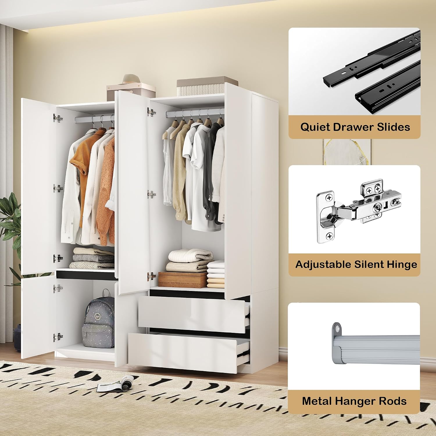 Wardrobe Closet with 4 Doors: 75" White Armoire with 2 Drawers, Wooden Wardrobe for Hanging Clothes, Tall Storage Cabinet with Shelves and Hanging Rod (A+C, 63")