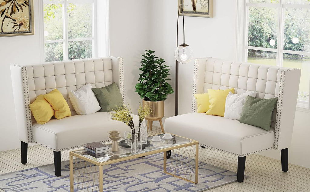Andeworld Modern Loveseat Settee Bench Sofa Couch, Upholstered Banquette Dining Bench with Back for Dining Living Room Hallway or Entryway Seating,White