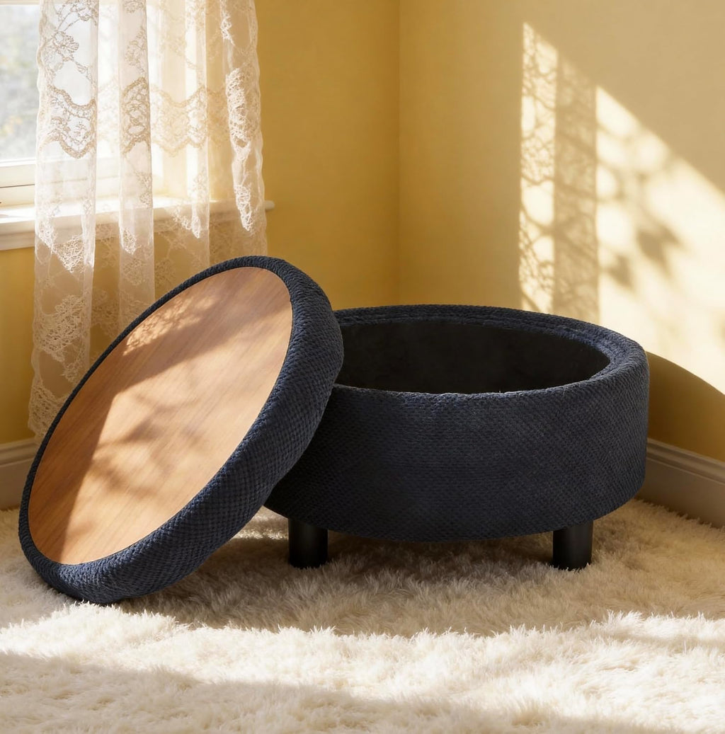 25'' Round Storage Ottoman with Reversible Tray Lid, Tufted Footrest Stool with Hidden Storage, Couch Side Table for Low Tea (Black)