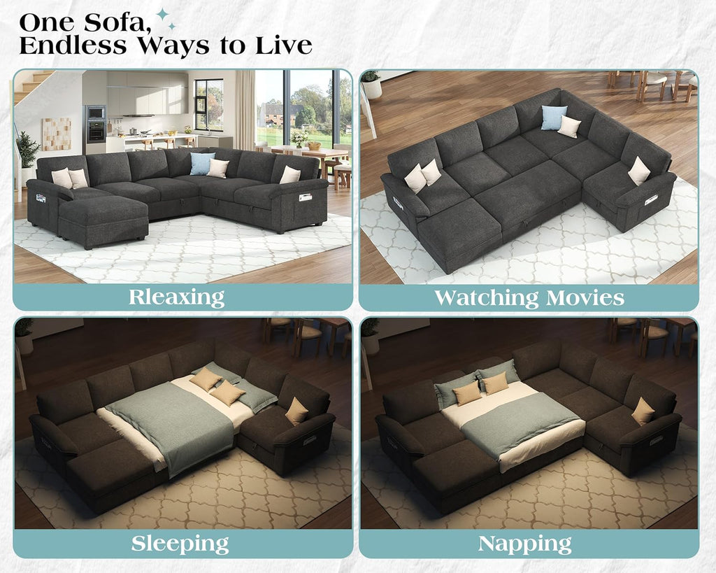 Jocisland 105" Sofa Bed, Sectional Sleeper Sofa with Pull Out Bed/Reclining Backrest, Sleeper Couch Bed with Storage, 6 Seater Couch Bed for Living Room, Chenille Dark Gray