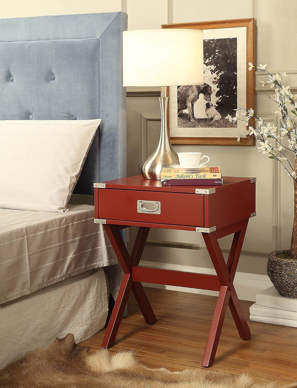 16" Square Accent Table, Drawer Storage, X-Shaped Base with Metal Corner Trim for Living Room, Red