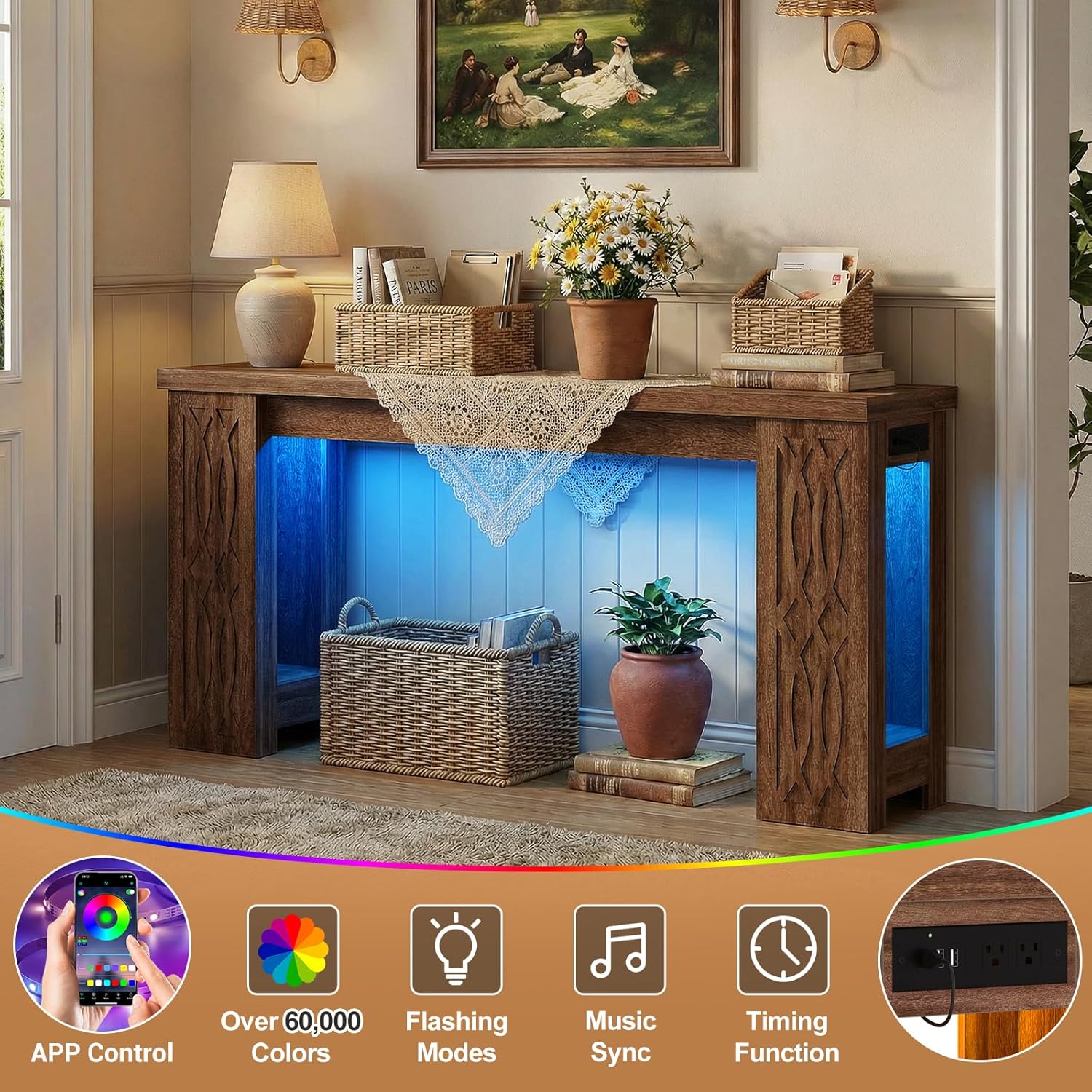 Cyclysio 63" Console Table with Outlet, Farmhouse Entryway Table with Colorful LED Lights, Wooden Sofa Table with Unique Carved Design, Foyer Accent Table for Entrance, Hallway, Living Room