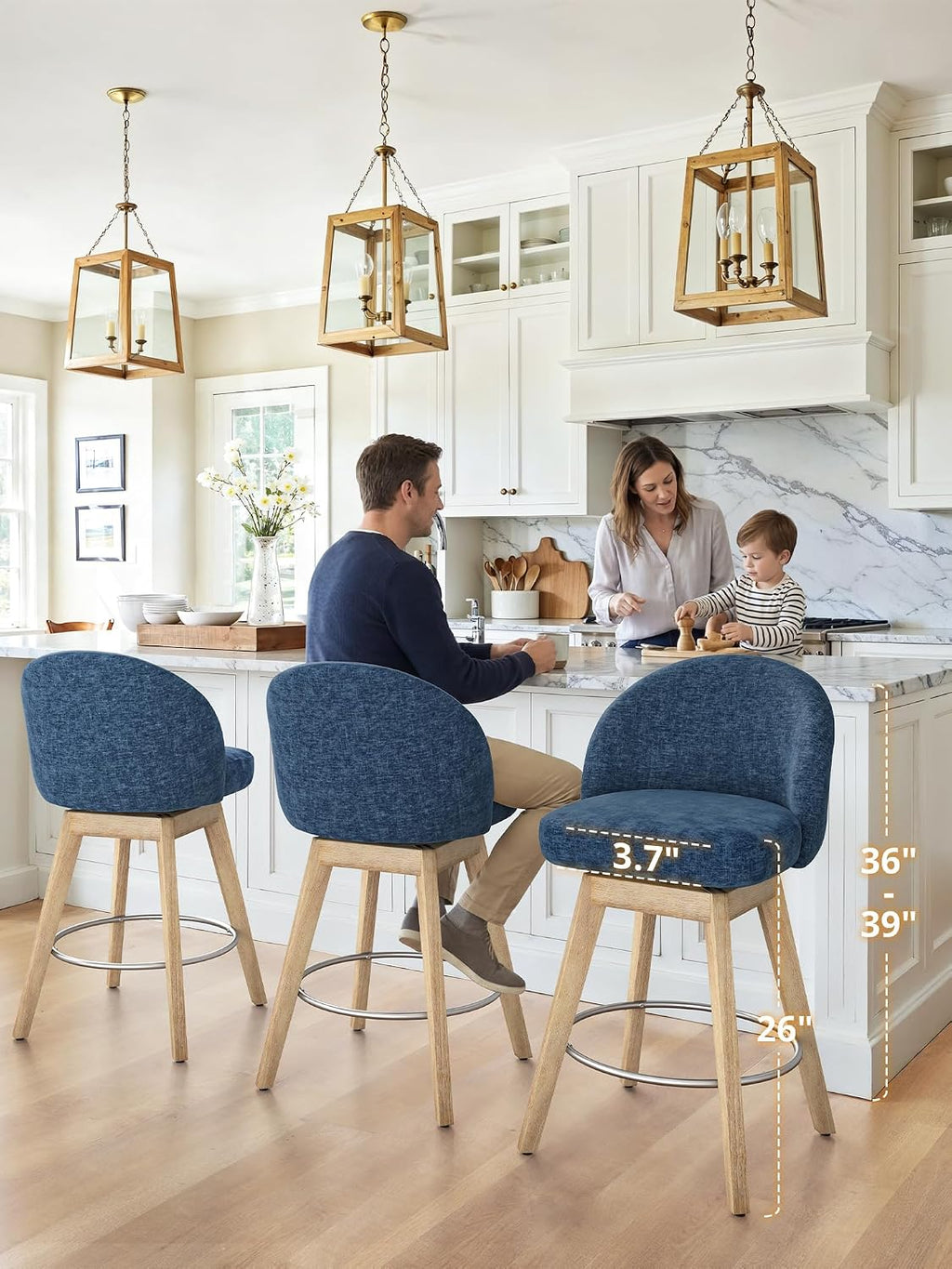 LUE BONA 360° Swivel Bar Stools Set of 4, 26" Wood Legs, Fabric Blue
