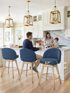 LUE BONA 360° Swivel Bar Stools Set of 4, 26" Wood Legs, Fabric Blue