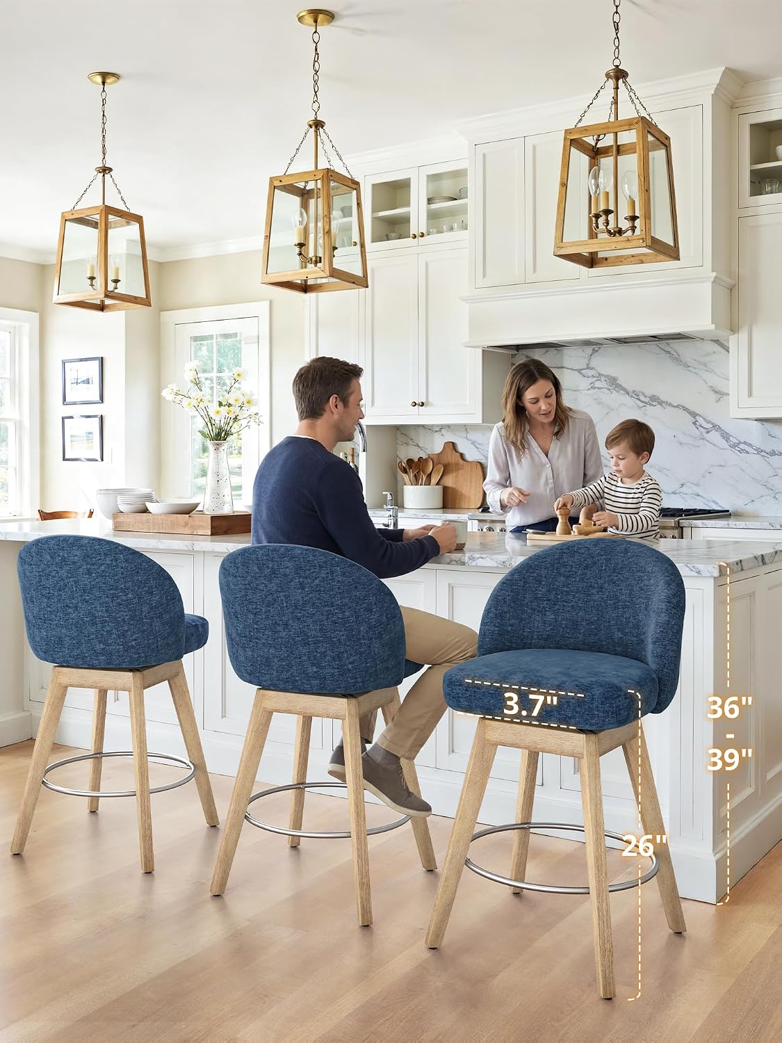 LUE BONA 360° Swivel Bar Stools Set of 4, 26" Wood Legs, Fabric Blue