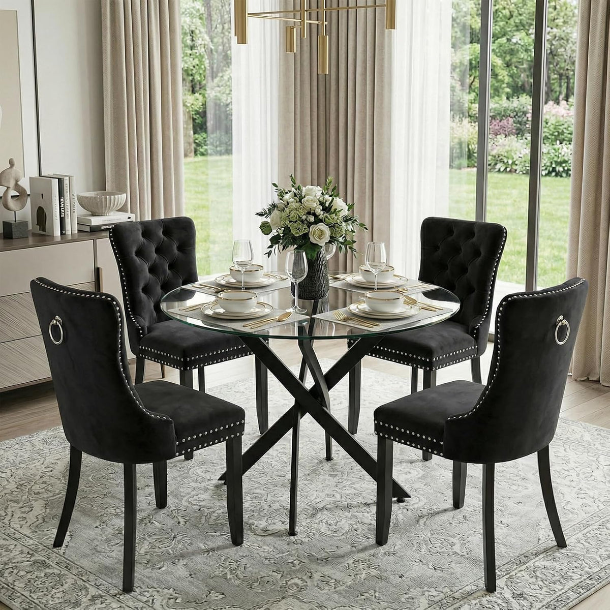 Dining Table Set for 4, Round Glass Kitchen Table with 4 Black Upholstered Velvet Accent Chairs, 5-Piece Modern Dining Room Set for Kitchen, Apartment, Small Spaces