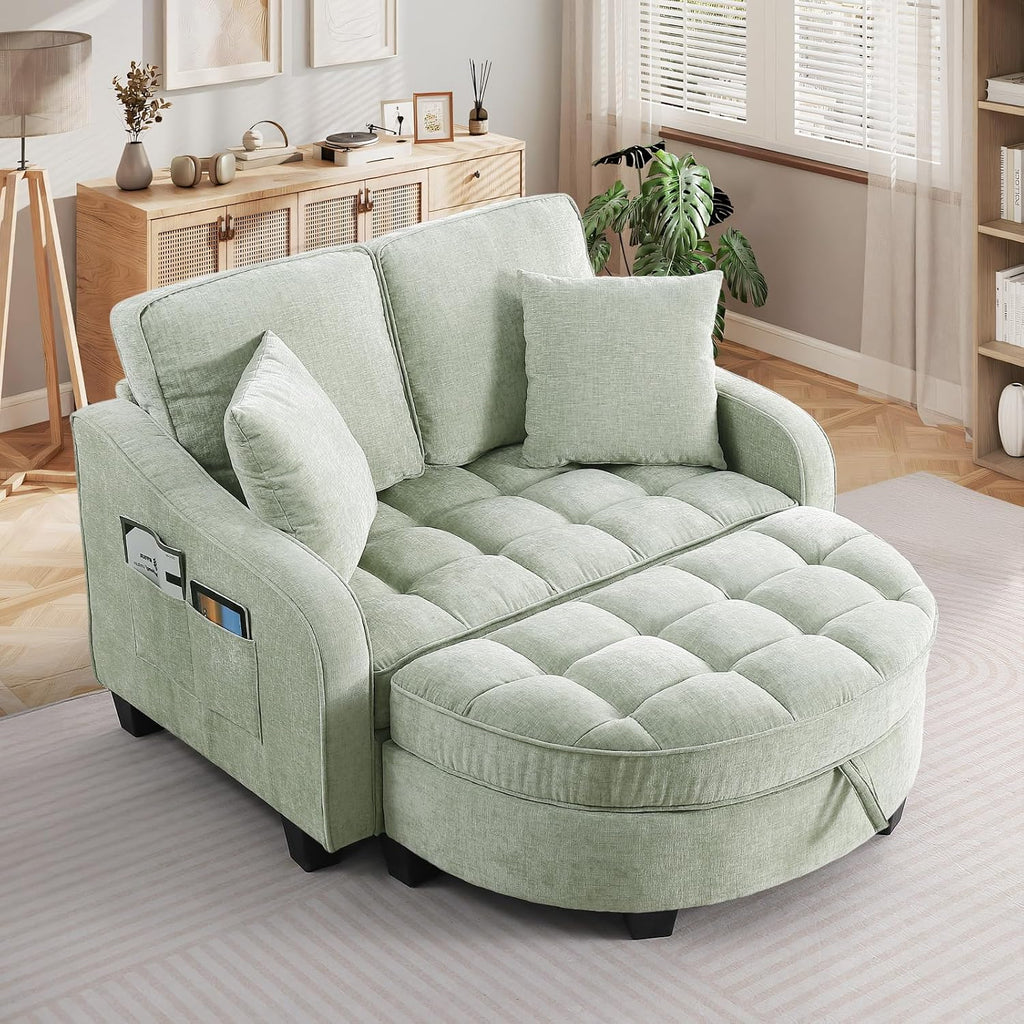 Oversized Chaise Lounge Chair Indoor with Adjustable Backrest, Chenille Tufted Comfy Loveseat Sofa Chair with Ottoman, Fluffy Recliner Sofa, Convertible Sleeper Couch Bed for Living Room(51"W, Cyan)