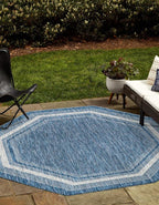 Unique Loom Outdoor Border Collection Area Rug - Soft Border (5' 3" Octagon, Blue/ Ivory)