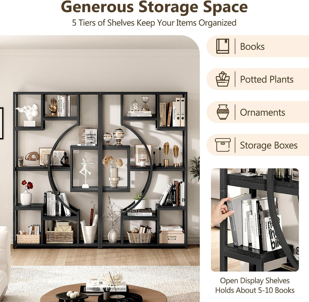 LGHM Bookshelf Set of 2 with Metal Frame, 5 Tier Geometric Bookcase, Adjustable Modern Book Shelf with 18 Open Storage Shelves, Display Shelf for Living Room, Office, Bedroom,Black