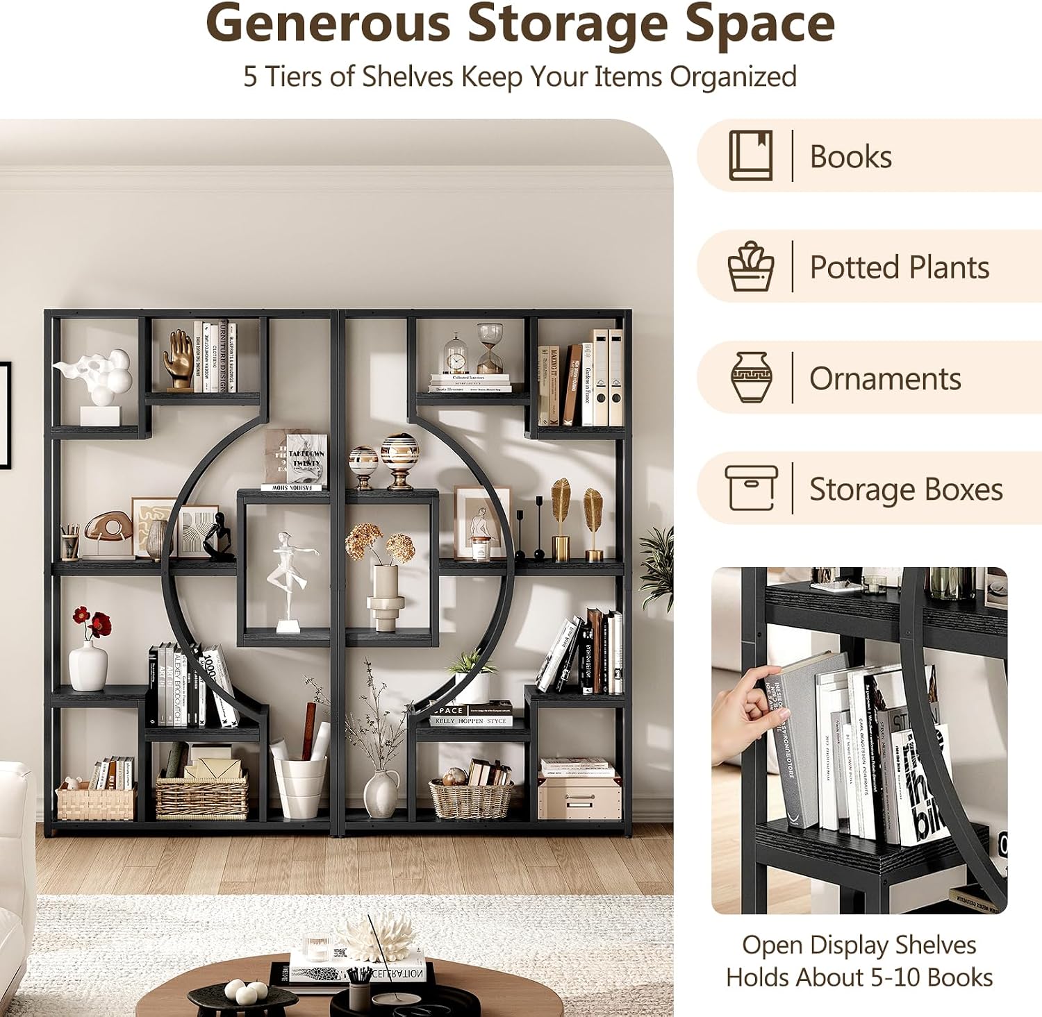 LGHM Bookshelf Set of 2 with Metal Frame, 5 Tier Geometric Bookcase, Adjustable Modern Book Shelf with 18 Open Storage Shelves, Display Shelf for Living Room, Office, Bedroom,Black