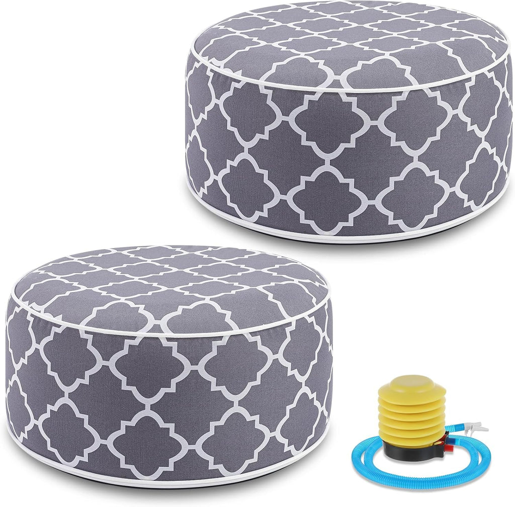Juexica 2 Pack Inflatable Outdoor Ottoman Pouf Waterproof Round Footrest with Handle D21 x H9 Inch Indoor Outdoor Portable Footstool Pouf for Patio Garden Camping or Home Pool(Classic)