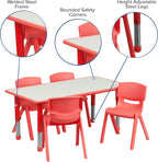 Flash Furniture Emmy 23.625''W x 47.25''L Rectangular Red Plastic Height Adjustable Activity Table Set with 4 Chairs