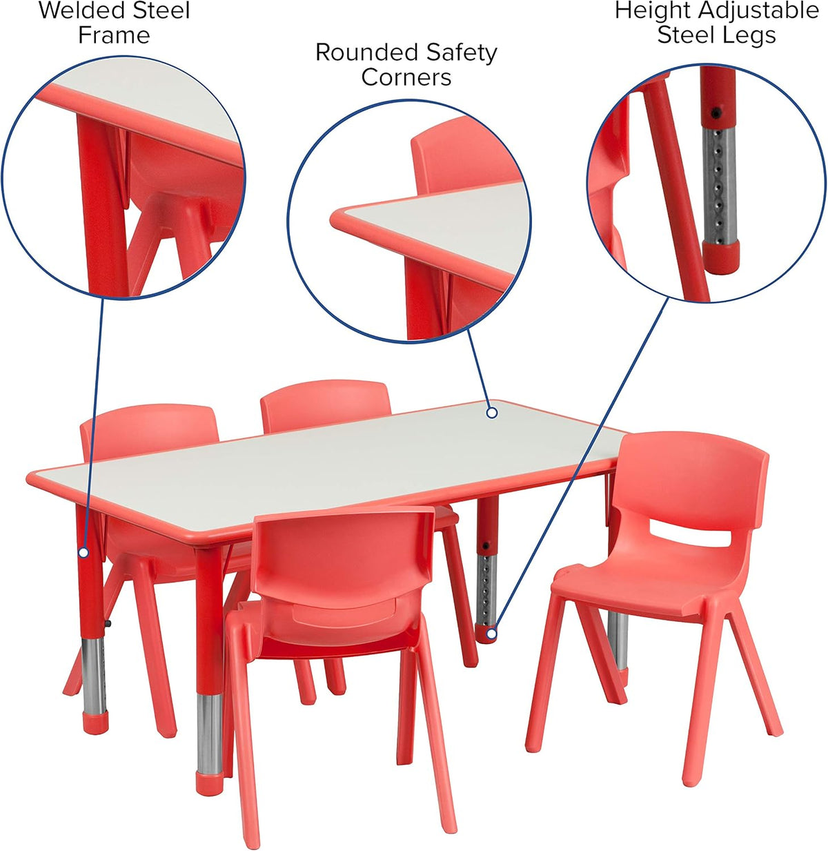 Flash Furniture Emmy 23.625''W x 47.25''L Rectangular Red Plastic Height Adjustable Activity Table Set with 4 Chairs