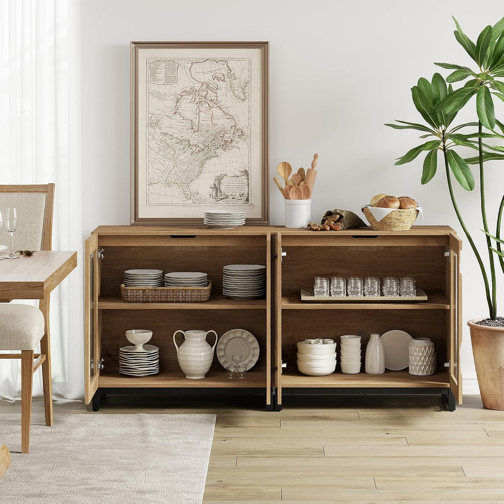 WAMPAT Sideboard Buffet Cabinets, Modern Credenza Sideboard with Adjustable Shelf and Metal Base, Coffee Bar Cabinet Accent Storage Cabinet for Living Room, Kitchen, Oak-A, 2 Pcs