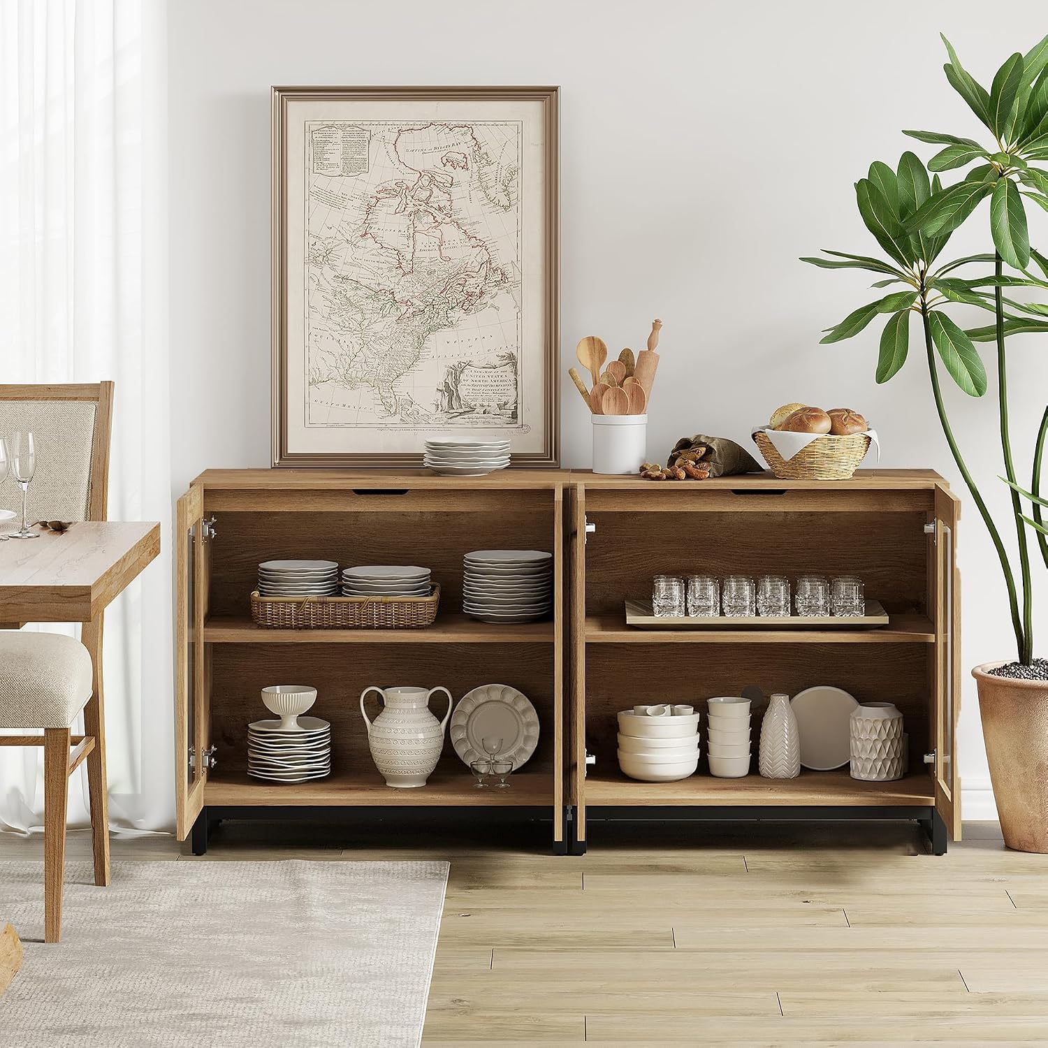 WAMPAT Sideboard Buffet Cabinets, Modern Credenza Sideboard with Adjustable Shelf and Metal Base, Coffee Bar Cabinet Accent Storage Cabinet for Living Room, Kitchen, Oak-A, 2 Pcs