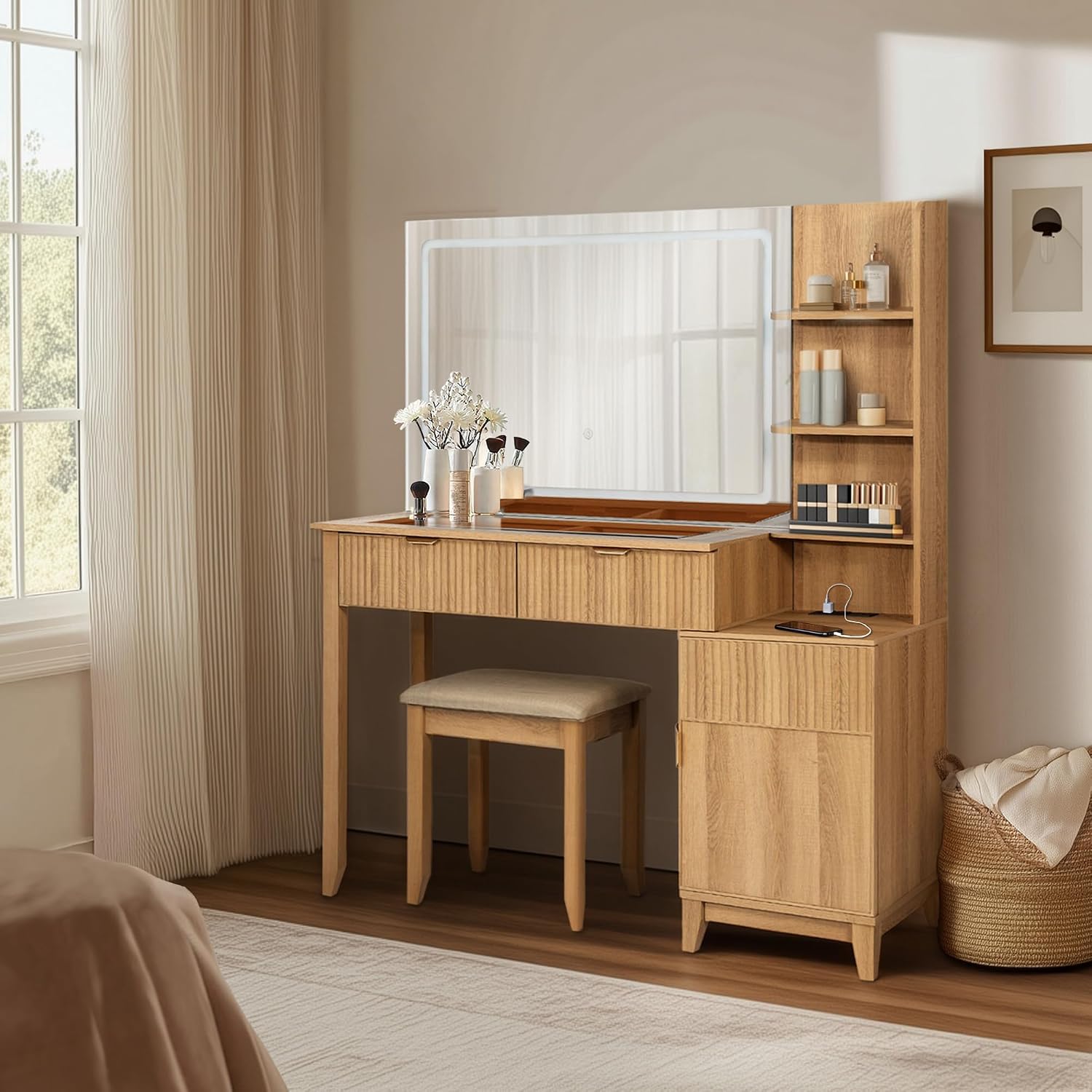 Vanity Desk with Stool, Mirror and Lights 3 Color, Makeup Vanity with Power Outlet, Dressing Table with Drawers, Storage Shelves, Adjustable Brightness, Naturel